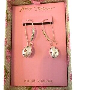 Betsey Johnson Earrings White Egg Dangle Drop Multicolor Rhinestone Hook